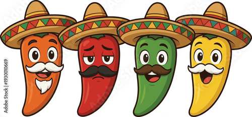 Funny Mexican chili pepper cartoon characters wearing sombrero hats with mustaches, colorful spicy food illustration isolated on white background for fiesta and Cinco de Mayo design