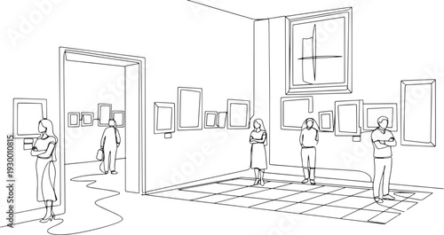 Modern art gallery interior with visitors. Minimalist museum line art drawing.