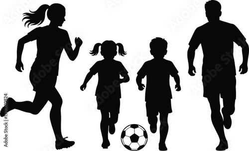 Happy Family Running and Playing Soccer Together Silhouette, Parents and Children Outdoor Activity, Active Lifestyle Bonding Moment Isolated on White Background Illustration