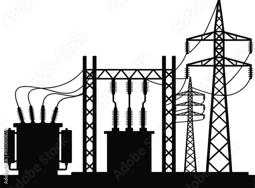 High voltage electrical power substation with transmission towers and transformers silhouette, energy distribution infrastructure grid, industrial electricity network system isolated on white 