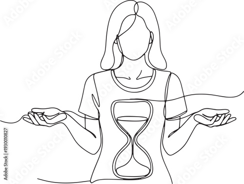 Woman with hourglass symbol line art. Concept of time management and patience.