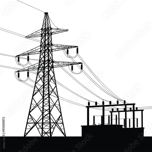High voltage electricity transmission tower and power substation silhouette vector illustration isolated on white background, energy infrastructure industry grid technology concept design