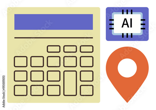 Artificial intelligence, data analysis, navigation, technology integration, location tracking, machine learning. ion of AI chip, calculator layout and location icon. Artificial intelligence and data