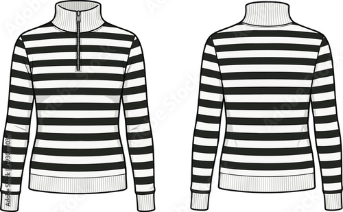 Men’s Striped Quarter Zip Sweater Technical Flat Sketch, Front and Back View Apparel Mockup with Ribbed Collar, Cuffs and Hem Isolated on White Background