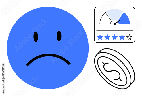 Negative feedback by a sad face emotion, a rating meter, and a coin symbol. Negative feedback in customer reviews, financial setbacks, and product evaluation. Useful for business, e-commerce
