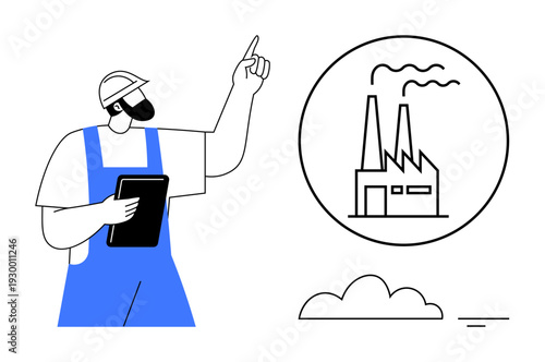 Factory operations. Factory worker with a tablet overseeing industrial processes and monitoring factory systems. Factory logistics, environmental planning, labor management, technology