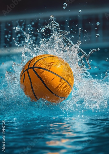 Water splashing around a basketball in a pool.