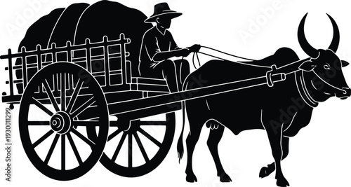 Black silhouette of a traditional bullock cart with a driver isolated