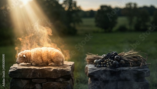 아벨과 카인의 제물, 신의 수용과 거절을 상징하는 극적인 클로즈업 장면.