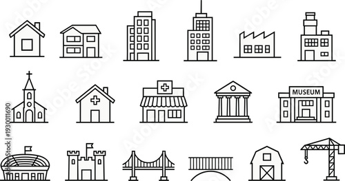 Set of Urban and Industrial Building Line Icons Including House, Skyscraper, Hospital, Museum, Church, Factory, Bridge and Construction Crane Vector Illustration Collection