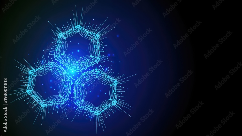 Fototapeta premium Three interconnected bright blue glowing abstract hexagonal structures with intricate radiating lines and shimmering dots on a deep blue and black bac