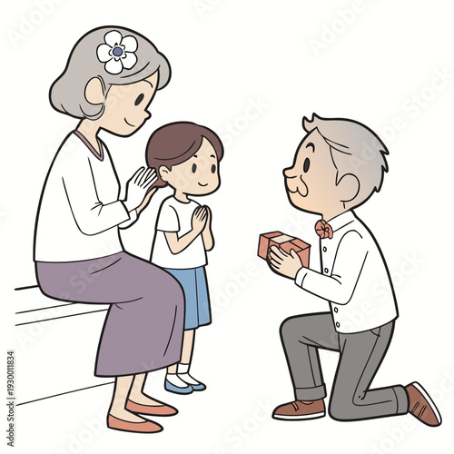 An elderly man is kneeling on one knee, smiling as he offers a small gift box to an elderly woman seated on a bench. Standing between them is a young girl with her hands pressed together.