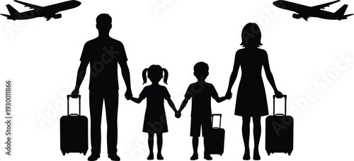 Silhouette of family of four holding hands with luggage at airport with airplanes overhead, travel vacation journey concept illustration isolated on white background