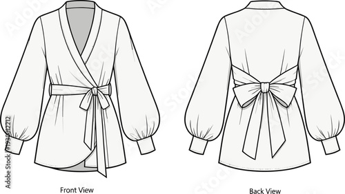 Women wrap blouse technical fashion flat sketch with front and back view, long puff sleeves, waist tie bow detail, apparel design template illustration