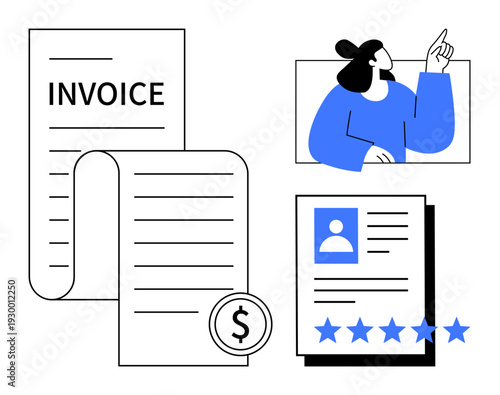 Photos Invoice, user profile with five-star rating, and customer feedback with minimalist design