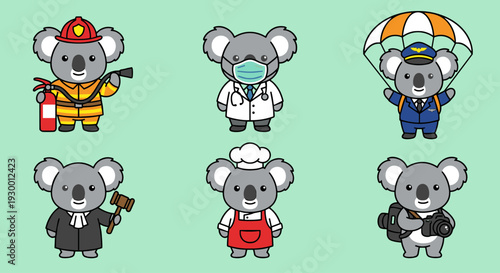 Professional Koala Characters Set Wearing Different Career Outfits Including Doctor Firefighter Pilot Judge Chef and Photographer for Educational Use