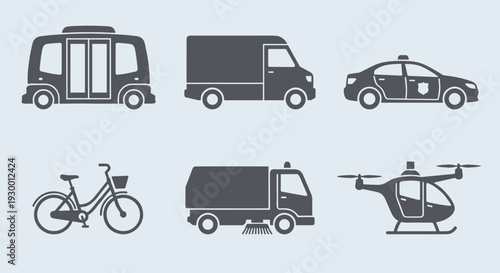 Modern Transportation Vehicle Icons Collection Including Autonomous Bus Delivery Van Police Car Bicycle Sweeper Truck and Helicopter for City Logistics