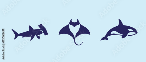 Marine Life Silhouettes Set Featuring Hammerhead Shark Manta Ray and Killer Whale Icons Isolated on Light Blue Background for Ocean Conservation Design