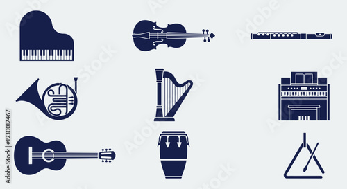 Musical Instruments Silhouette Collection Featuring Grand Piano Violin Flute French Horn Harp Organ Guitar Conga Drum and Triangle Percussion Icons