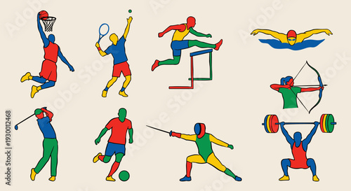 Athletic Sports Silhouettes Set Featuring Basketball Tennis Hurdles Swimming Golf Soccer Fencing and Weightlifting in Vibrant Multi Color Style