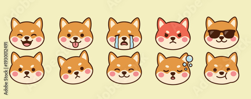 Adorable Shiba Inu Dog Emoji Set Featuring Various Facial Expressions Like Happy Sad Angry and Sleeping for Social Media and Sticker Design