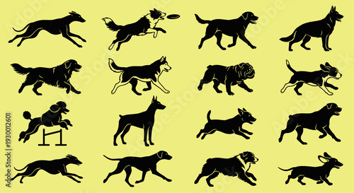 Silhouette collection of various dog breeds in active poses including running jumping and standing isolated on yellow background for pet industry and animal care designs