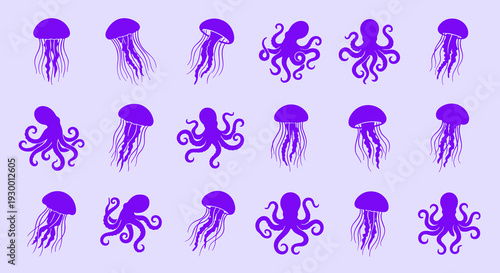 Pattern of purple jellyfish and octopus silhouettes floating in a rhythmic layout for marine life biology ocean exploration and underwater nature themed projects