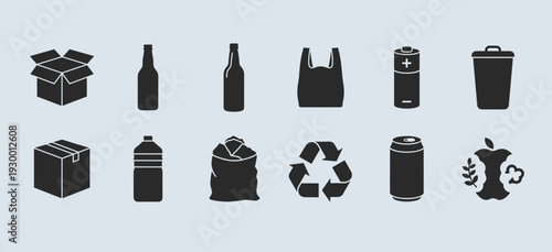 Comprehensive set of waste management and recycling icons featuring bottles boxes batteries and cans for environmental sustainability and eco friendly concepts
