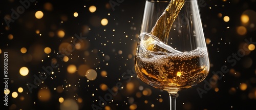 Sparkling golden liquid pours into a wine glass.