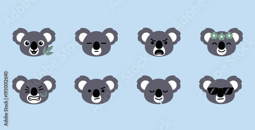 Set of cute koala head emoticons showing different facial expressions such as happy angry sleepy and cool for social media and communication emotional icons