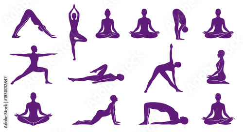 Yoga poses silhouette collection with female figures practicing different asanas including downward dog tree pose warrior and meditation for wellness design