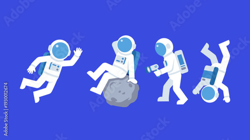 Cute cartoon astronaut character set exploring space activities including floating sitting on asteroid holding flashlight and upside down for kids design