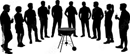 barbecue, party, silhouettes, people, friends, gathering, social, outdoor, grill, cooking, celebration, group, leisure, lifestyle, food, event, summer, fun, interaction, illustration