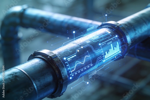 Futuristic smart water pipeline system with AI powered leak detection, IoT sensors and digital monitoring interface, showcasing sustainable infrastructure, data analytics, blue technology flow.