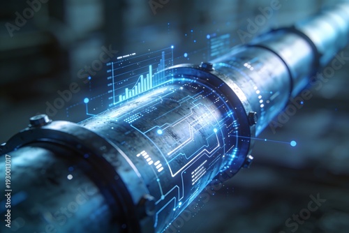 Futuristic smart water pipeline system with AI powered leak detection, IoT sensors and digital monitoring interface, showcasing sustainable infrastructure, data analytics, blue technology flow.
