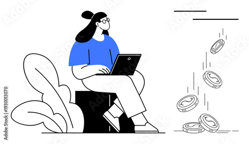 Freelance work, online income, digital economy, remote work, investments, financial savings. Woman with laptop, coins falling from above. Freelance work and online income concept