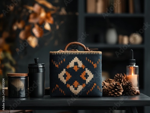 Dark, patterned, square handbag sits on a wooden table.