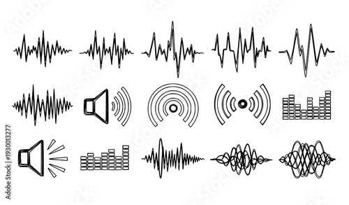 A collection of sound wave icons and audio signal graphics in black and white