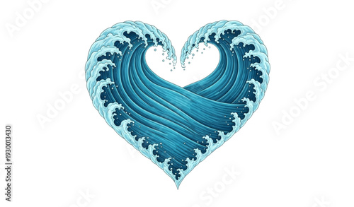A heart-shaped wave illustration in shades of blue on a white background