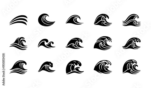 Minimal ocean wave silhouette icon set black vector