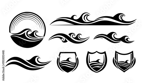Abstract wave silhouette symbols ocean water vector set