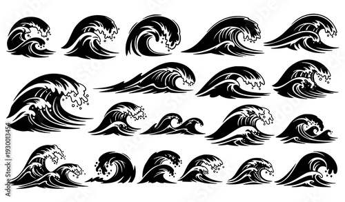 Dynamic ocean surf wave silhouette bundle vector