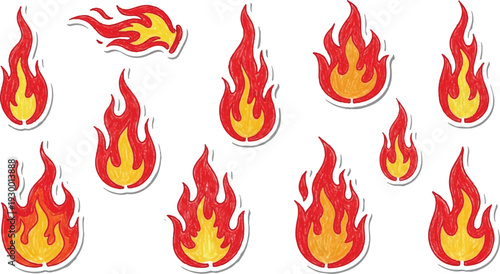 Set of fire icons. Flame design of different shapes. Bonfire images Realistic burning fire flames with shiny bright elements. 