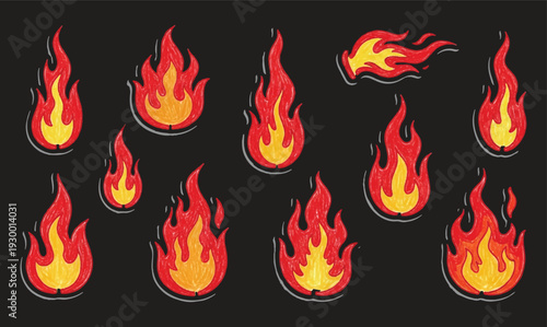 Set of fire icons. Flame design of different shapes. Bonfire images Realistic burning fire flames with shiny bright elements. 