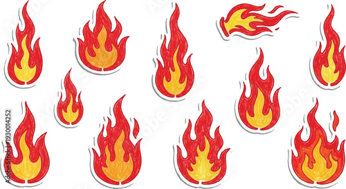 Set of fire icons. Flame design of different shapes. Bonfire images Realistic burning fire flames with shiny bright elements. 