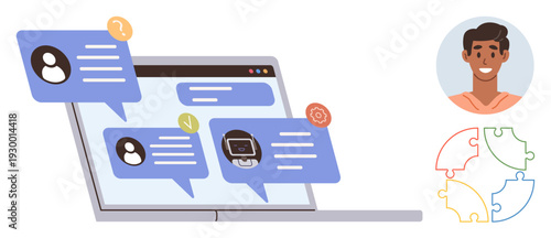 Digital teamwork, online collaboration, virtual communication, problem solving, customer support, social interaction. Chat messages on a laptop with a user profile and puzzle icons. Online