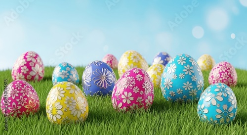 A vibrant display of colorful Easter eggs on a grassy field with a blue sky in the background.