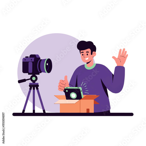A young man excitedly unboxing a product in front of a camera on a tripod