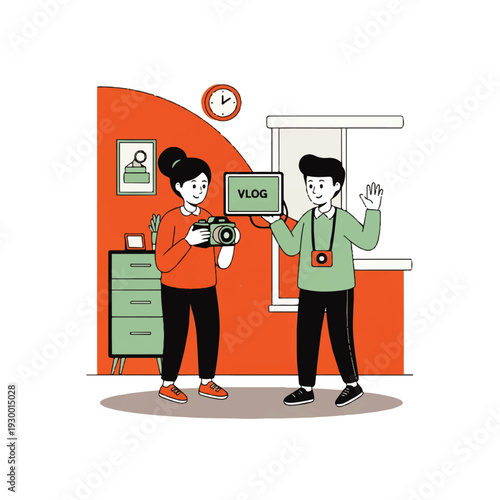 Two young adults creating a vlog in a modern home setting with cameras and a laptop