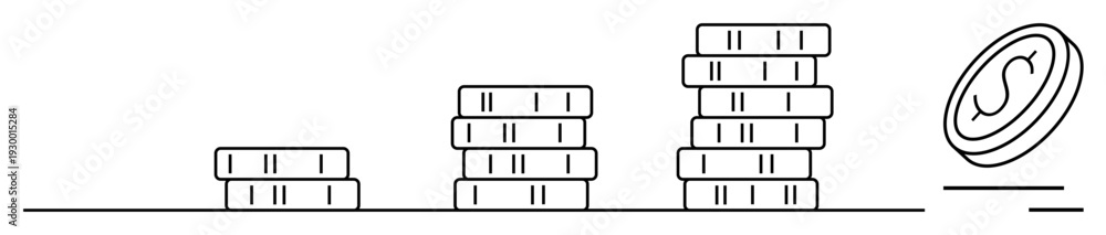 Obraz premium Financial growth, savings, wealth planning, investment, economics, profitability. Stacked coins in increasing order with a tilted currency sign coin on the side. Financial growth and savings concept